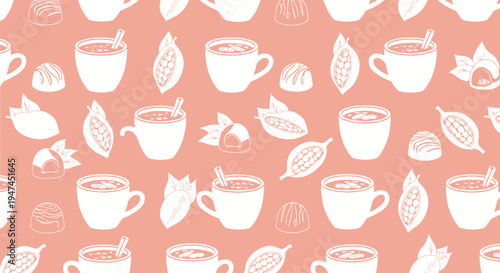Food  Drink Hot Chocolate  Cocoa Seamless Pattern - Outline Art with Mugs, Pods  Truffles