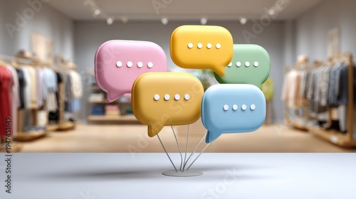 Colorful speech bubbles hover in a retail space, symbolizing communication and interaction among shoppers.
