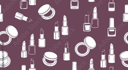 Beauty Cosmetics Makeup Products White Outline Line Art Seamless Pattern