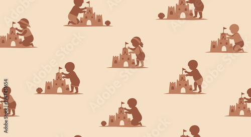 Children Building Sandcastles Flat Art Seamless Pattern Design