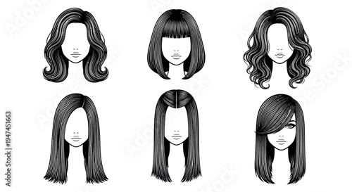 Beauty  Hair Care: Diverse Female Hairstyles - Black and White Line Art Vector Set