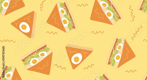 Food Industry Delicious Egg Sandwiches Seamless Pattern - Flat Cartoon Style Illustration