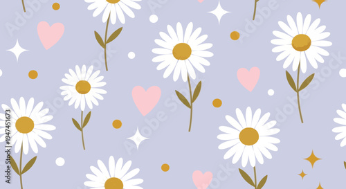 Cute Flat Illustration Seamless Pattern: Daisy Flowers, Hearts, Stars for Decorative Design