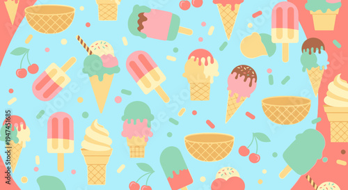 Sweet Summer Food Flat Vector Pattern: Colorful Ice Cream Cones, Popsicles, and Sprinkles