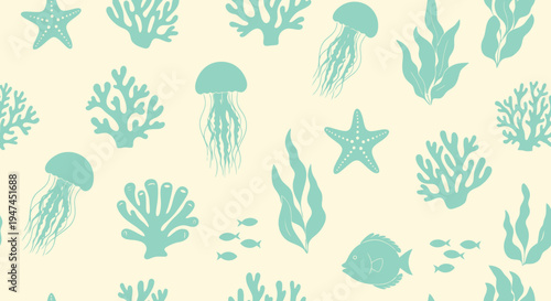 Marine Life Seamless Pattern: Flat Ocean Animals, Starfish, Jellyfish, Coral, Seaweed Illustration