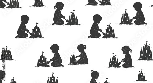 Seamless Vector Pattern: Children Building Sandcastles, Black and White Silhouette Style