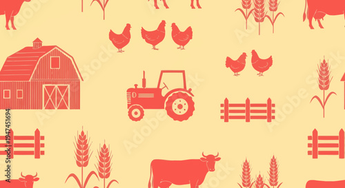 Agriculture Farming Seamless Pattern with Farm Elements Silhouettes in Flat Design Style