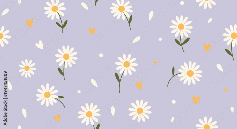 Obraz premium Cute Flat Illustration Seamless Pattern with White Daisies, Hearts, and Petals for Spring Design