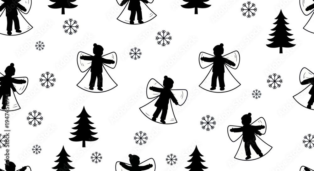 Fototapeta premium Black White Christmas Snow Angel, Tree, and Snowflake Silhouette Seamless Pattern Background