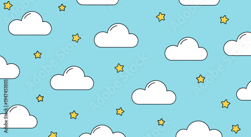 Baby and Children's Cute Flat Cartoon Clouds and Stars Seamless Pattern on Blue Sky Background