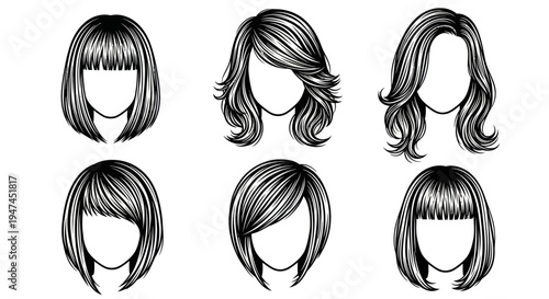 Beauty Fashion Hairdressing: Black  White Line Art Vector Female Hairstyles Collection