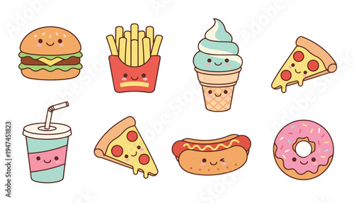 A collection of cute, kawaii-style illustrations of popular fast food items, including a hamburger, french fries, ice cream, pizza, soda, hot dog, and donut.