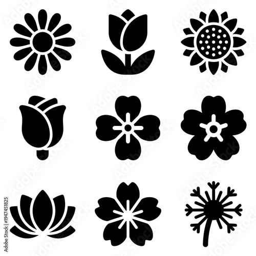 Set of nine black solid flower icons in a simple glyph style.