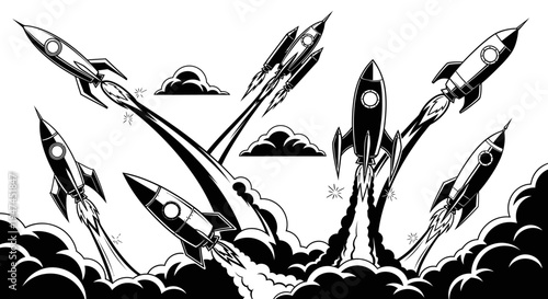 Black  White Line Art Rockets Launching: Technology Startup, Innovation  Space Exploration