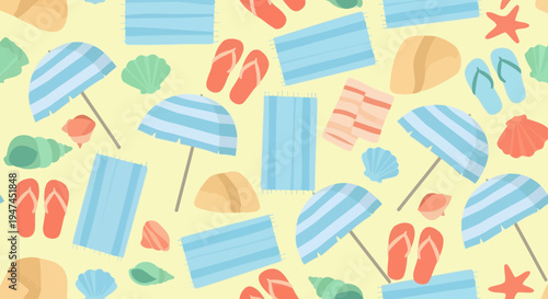 Summer Beach Vacation Flat Vector Seamless Pattern: Umbrellas, Flip Flops, Towels  Shells