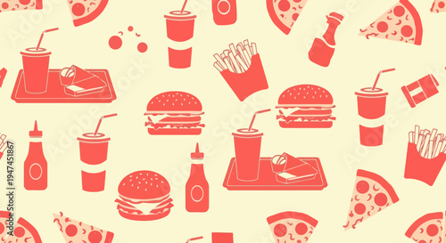 Fast Food Flat Design Seamless Pattern with Burgers, Fries, Drinks, Pizza, and Ketchup