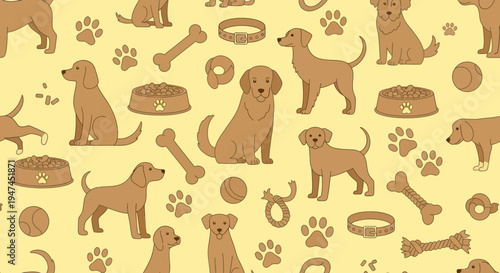 Pet Care Industry Flat Cartoon Seamless Pattern with Dogs, Food Bowls, and Accessories