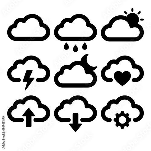 Set of black line art cloud icons for weather and technology.