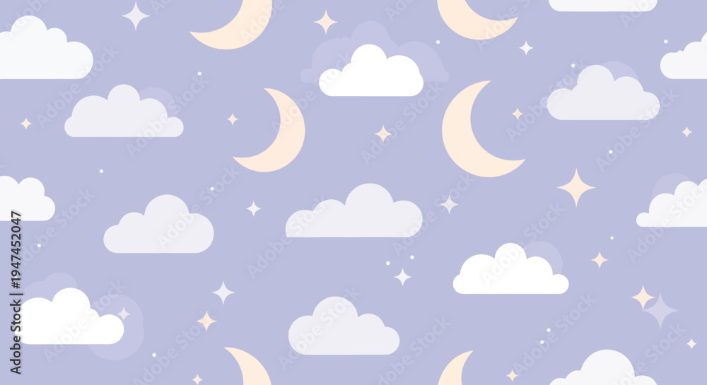 Obraz premium Dreamy Flat Vector Night Sky Seamless Pattern with Clouds, Moons, Stars for Baby