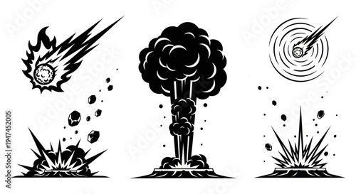 Action Explosion and Meteor Impact Black  White Vector Icons Set