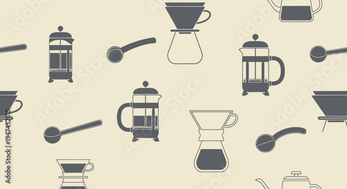 Food  Drink Flat Glyph Coffee Makers and Brewing Tools Seamless Pattern