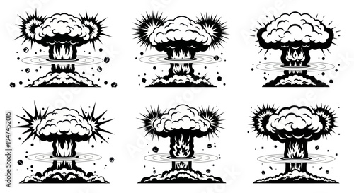 Black  White Comic Style Nuclear Explosion Mushroom Clouds Vector Art