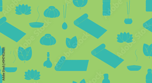 Yoga and Spa Wellness Flat Style Seamless Pattern with Mats, Lotus, Aromatherapy Icons