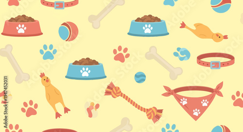 Cute Flat Style Pet Care and Dog Accessories Seamless Pattern with Food Bowls, Toys  Paw Prints