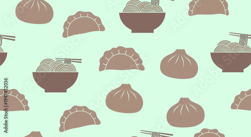 Asian Food Flat Vector Seamless Pattern with Noodles, Dumplings, and Buns