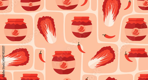 Flat Design Korean Food Pattern: Kimchi Jars, Napa Cabbage, and Chili Peppers Vector Art