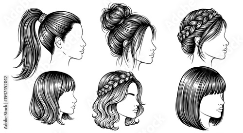 Beauty Fashion Female Hairstyles Set in Black and White Line Art Profile View