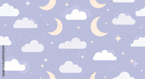 Dreamy Flat Vector Night Sky Seamless Pattern with Clouds, Moons, Stars for Baby