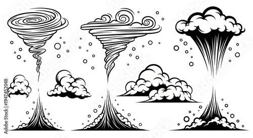 Natural Phenomena Black  White Line Art Vector Set: Tornadoes, Clouds  Explosions
