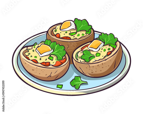 Gourmet stuffed potato skins with savory herbs and cheese filling served in a blue bowl for rustic restaurant menu design - Vector Illustration