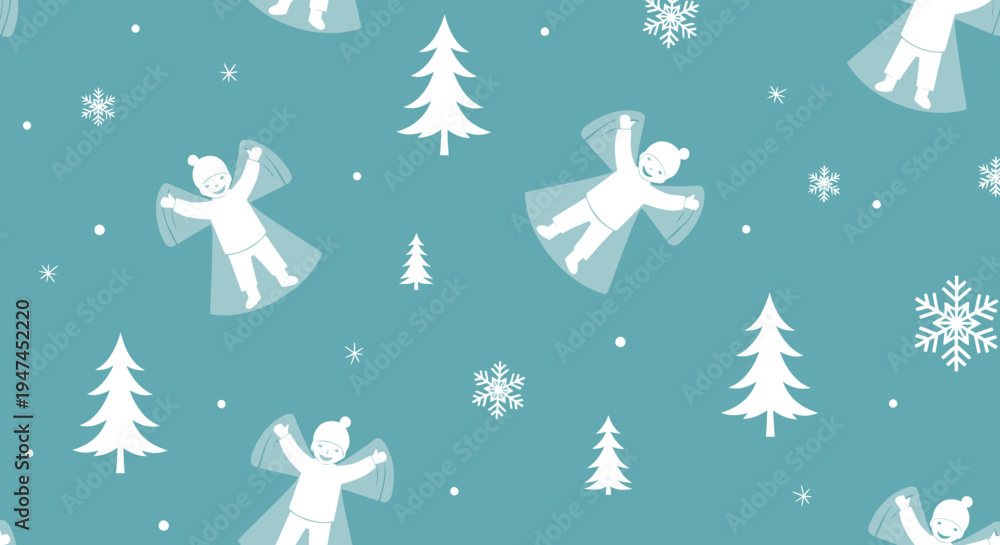 Obraz premium Children's Winter Holiday Flat Pattern: Snow Angels, Christmas Trees Snowflakes Vector Art
