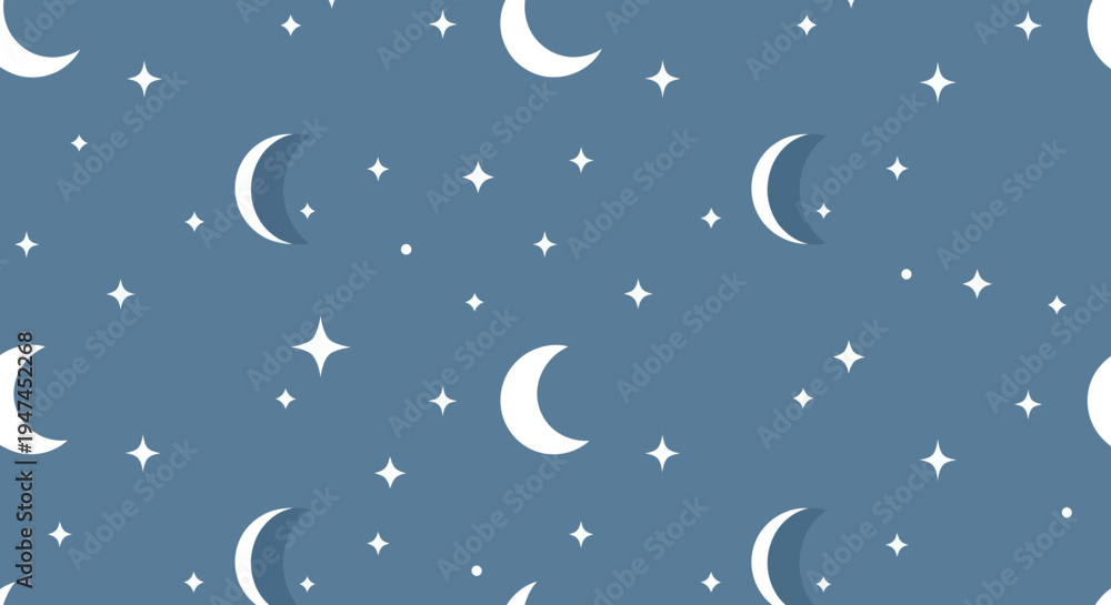 Naklejka premium Flat Seamless Night Sky Pattern: White Moons and Stars for Kids, Dream Sleep Themes Vector