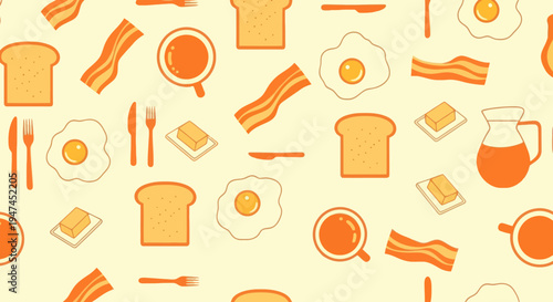 Food and Drink Breakfast Items Flat Design Seamless Pattern Background