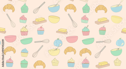 Baking Food Doodle Pattern: Croissants, Cupcakes  Utensils in Seamless Flat Illustration