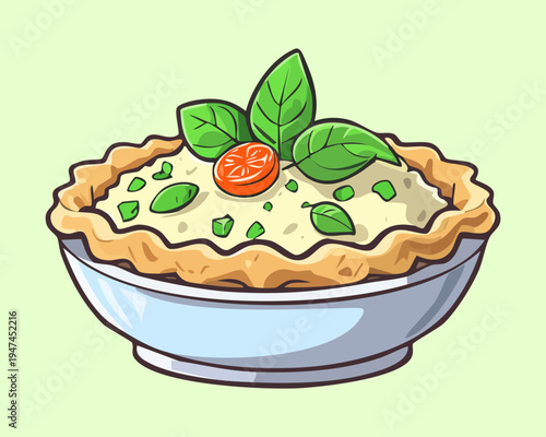 Individual quiche with vegetable filling and fresh herbs in a ceramic dish for brunch menu and bakery display - Vector Illustration