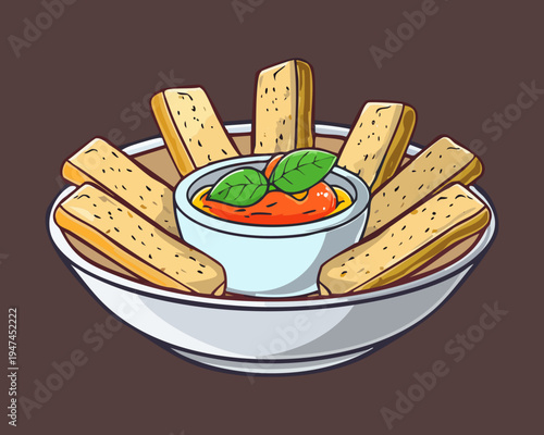 Crunchy breadsticks with spicy tomato dipping sauce in a white bowl for appetizer snacks and party catering menu - Vector Illustration