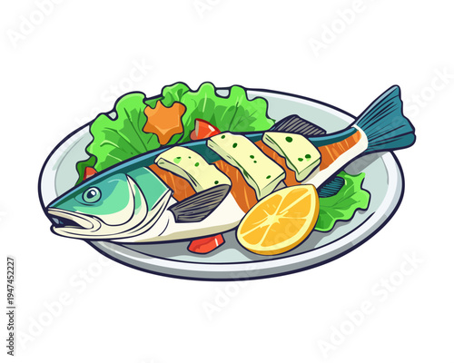 Grilled fish with lemon slices and fresh herbs on a white plate for healthy seafood dinner and Mediterranean restaurant - Vector Illustration