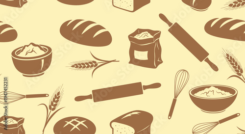 Bakery Food Industry Glyph Seamless Pattern with Bread, Flour, Wheat, and Baking Tools