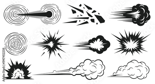 Comic Book Speed Lines, Explosions, Smoke, Impact Effects Black and White Line Art