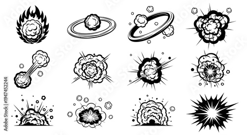 Black and White Comic Book Explosion and Impact Effects Vector Set