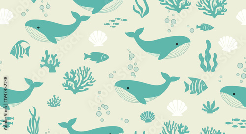 Cute Flat Marine Life Seamless Pattern with Whales, Fish, Coral, and Seashells Illustration