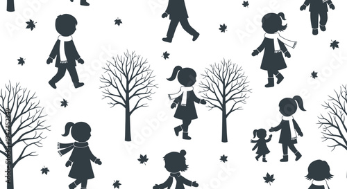 Winter Kids  Nature Seamless Pattern: Children, Trees, Leaves Silhouettes in Flat Black  White