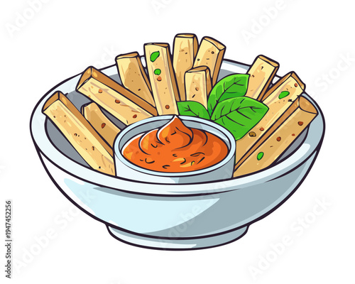 Golden breadsticks with savory dipping sauce in a light blue bowl for snack bar and appetizer menu graphics - Vector Illustration