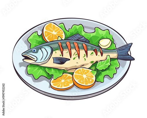 Pan seared fish fillet with lemon wedges and herbal garnish for gourmet seafood restaurant menu and healthy dining options - Vector Illustration