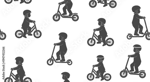 Childhood Play Silhouette Seamless Pattern with Kids Riding Balance Bikes  Scooters
