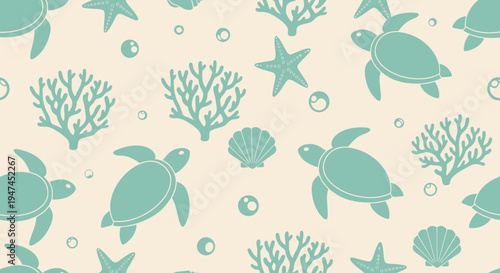 Seamless Marine Life Pattern: Flat Vector Background with Sea Turtles, Coral, Starfish, and Shells
